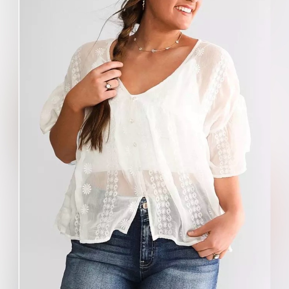 Daytrip Sheer Embroidered Boho Peplum Top White Lace Flutter Sleeve Cottagecore